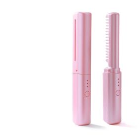 Professional Wireless Hair Straightener Curler Comb Fast Heating Negative Ion Straightening Curling Brush Hair Styling Tools (Color: PINK)