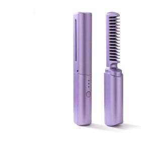 Professional Wireless Hair Straightener Curler Comb Fast Heating Negative Ion Straightening Curling Brush Hair Styling Tools (Color: Purple)